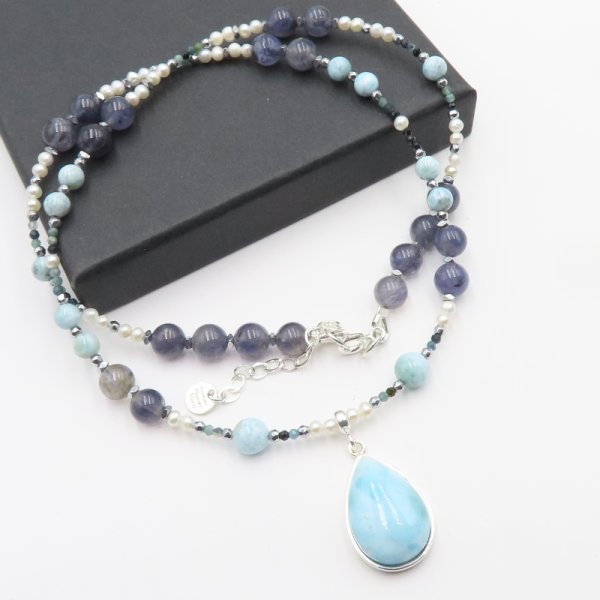 Mix Kamieni i srebro - naszyjnik z zawieszką LARIMAR UNIKAT