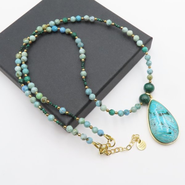 Mix Kamieni i srebro złocone  -  naszyjnik z zawieszką Turkus + Malachit UNIKAT