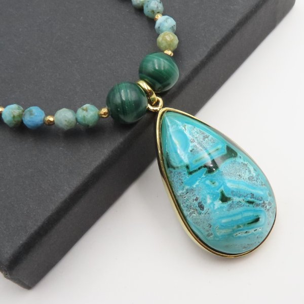 Mix Kamieni i srebro złocone  -  naszyjnik z zawieszką Turkus + Malachit UNIKAT
