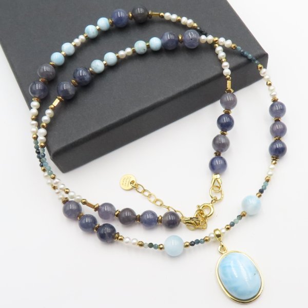 Mix Kamieni i srebro złocone - naszyjnik z zawieszką LARIMAR UNIKAT