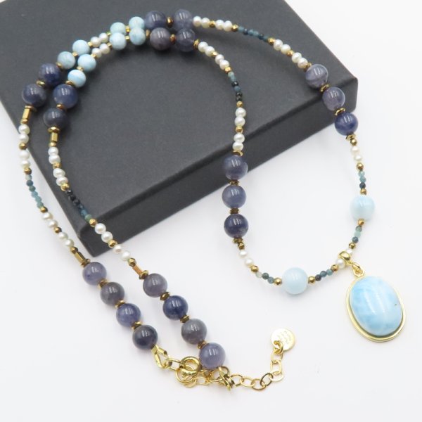 Mix Kamieni i srebro złocone - naszyjnik z zawieszką LARIMAR UNIKAT