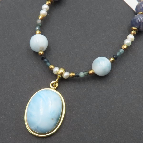Mix Kamieni i srebro złocone - naszyjnik z zawieszką LARIMAR UNIKAT