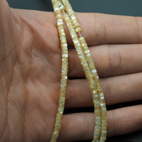 Muszla beżowa naturalna walce 4x2 mm – sznur 39,5 cm