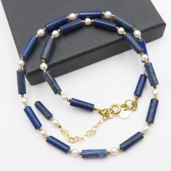 Lapis Lazuli i Perły w srebrze złoconym - naszyjnik 