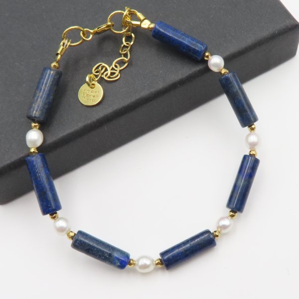 Lapis Lazuli i Perły w srebrze złoconym - bransoletka