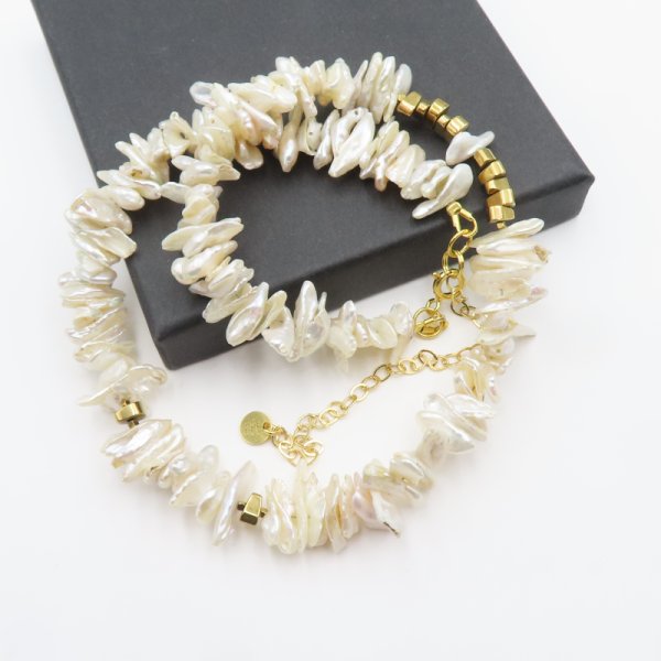 Perły Nieregularne i srebro złocone - naszyjnik choker 40,5cm