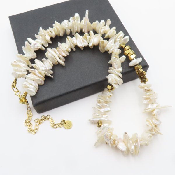 Perły Nieregularne i srebro złocone - naszyjnik choker 40,5cm
