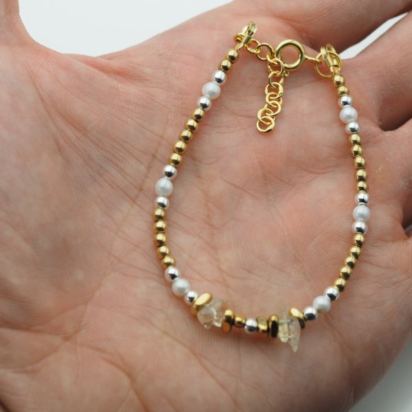 Bransoletka z Hematytem, białą Perłą i Cytrynem – srebro 925 złocone 24k