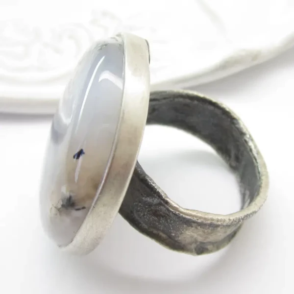 Agat Dendryt i srebro oksydowane - pierścionek okrąg (Rozmiar Jubilerski 19)