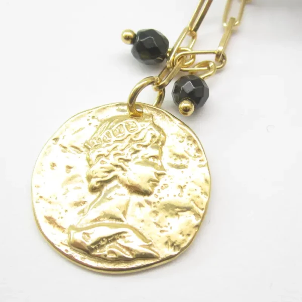 Hematyt czarny i srebro złocone - naszyjnik na łańcuszku z monetą
