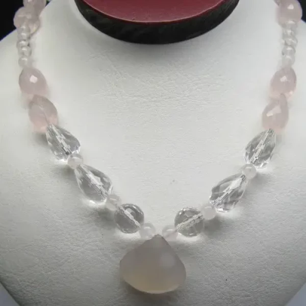Kwarc Różowy i Fasetowany Kryształ Biały w srebrze-naszyjnik 