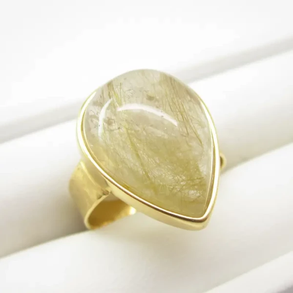 Kwarc Rutylowy ze złotą nitką i srebro złocone - pierścionek łezka (Rozmiar Jubilerski 17)