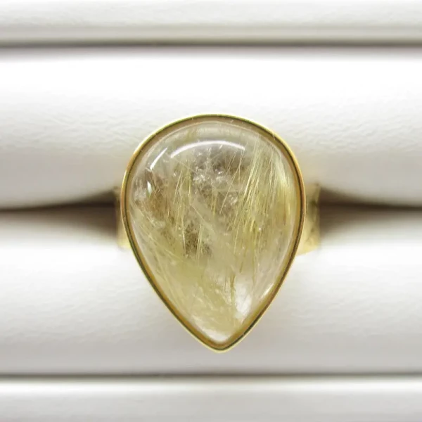 Kwarc Rutylowy ze złotą nitką i srebro złocone - pierścionek łezka (Rozmiar Jubilerski 17)