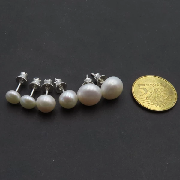 Perła biała i srebro - kolczyki sztyfty - okrągłe 6, 8, 10 mm (para)