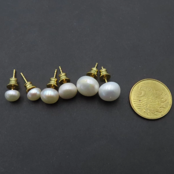 Perła biała i srebro złocone - kolczyki sztyfty - okrągłe 8 mm (para)