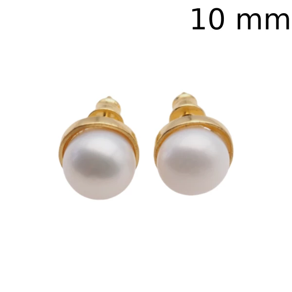 Perła biała i srebro złocone - kolczyki sztyfty - okrągłe 6, 8 lub 10 mm (para)