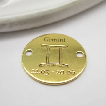 Srebro Ag Złocone  - element ozdobny znak zodiaku - Bliźnięta (Gemini, 22.05-20.06) 12mm    