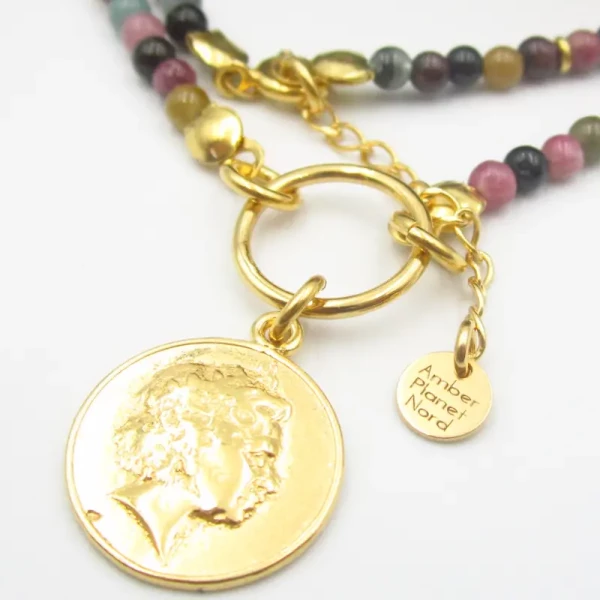 Turmalin Kolorowy i srebro złocone - naszyjnik z monetą